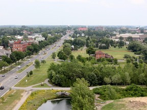 Aerial photo of downtown Cornwall and Lamoureux Park
