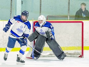 Goalie Nick Marson, with teammate Alex Valade, in action during the 2022-2023 Great North Under 18 Hockey League season. BOB DAVIES