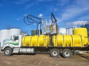 Alvinston's CanGrow Crop Solutions has received a $200,000 Environmental Innovation Grant for adding microbials to fertilizer.  A CanGrow liquid fertilizer vehicle is pictured servicing an Ontario farm.  (Submitted)