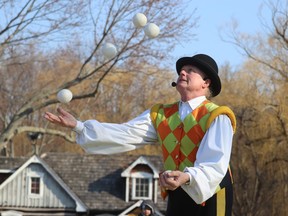 Jonathan Seglins, of Circus Jonathan, has several balls in the air Saturday during a performance at Sarnia's Easter in the Park event at Canatara Park.