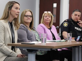 Karalyn Dueck, Lambton's medical officer of health, speaks during a presentation on Lambton's new 10-year drug and alcohol strategy in Sarnia  Wednesday. With her are Sarnia-Lambton Rebound executive director Michelle Holbrook, North Lambton Community Health Services executive director Kathy Bresett, and Sarnia Police Const. Giovanni Sottosanti. (Tyler Kula/ The Observer)