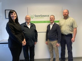 SureSource Commodities LLC in Petrolia is one of three Lambton County companies recently awarded grants through the provincial Fertilizer Challenge.  Pictured are company president Barbara VanDerWal, left, Sarnia-Lambton MPP Bob Bailey, SureSource Commodities chief financial and operating officer Todd Klingbyle, and SureSource Agronomy sales lead Rob Wallbridge.  (Submitted)
