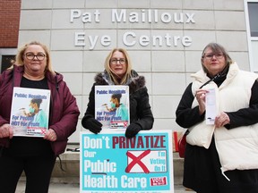 Lorraine Cameron, left, June Weiss and Shirley Roebuck with the Sarnia-Lambton Health Coalition are in Petrolia Tuesday to talk about a coalition referendum on the expansion of for-profit health care clinics in Ontario.  Similar events were held by Ontario Health Coalition chapters across the province.  (Tyler Kula/ The Observer)