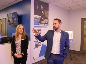 Laurie Webb and Andrew Meyer, with Lambton County's cultural services division, lead Lambton County councilors on a preview tour Thursday of a new main exhibition set to open in June at the Lambton Heritage Museum in Lambton Shores.