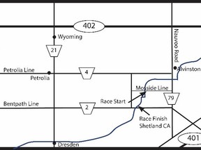 The Sydenham River Canoe and Kayak Race start and finish locations are shown on this map.