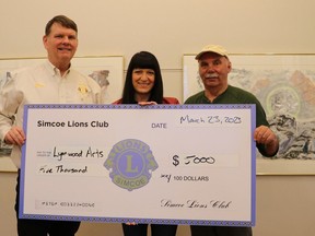 The Simcoe Lions have donated $5,000 to Starr Gallery at Lynnwood Arts in Simcoe. Dave Abbey, left, president of the Simcoe Lions, and Glenford Deming, right, Simcoe Lions member, made the presentation to Kim Shippey, executive director, Lynnwood Arts. CONTRIBUTED
