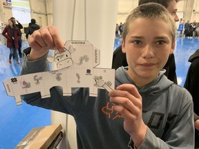 Billy Lipsit, of Port Rowan Public School with some art work he created at the thinkAg Career Competition held in The Aud at the Simcoe fairgrounds on Wednesday.  The event, held by Agscape and the Workforce Planning Board of Grand Erie, attracted 650 Grade 7 and 8 students from the Grand Erie District School Board and the Brant Haldimand Norfolk Catholic District School Board.  VINCENT BALL