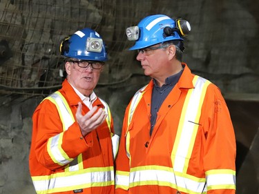 George Pirie, left, minister of Mines, and Nick Larochelle, president of United Steelworkers Local 6500, participated in a provincial announcement at the NORCAT underground training centre in Onaping, Ont. on Tuesday April 11, 2023. John Lappa/Sudbury Star/Postmedia Network
