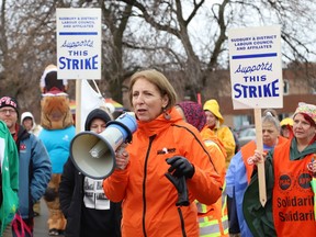 Nickel Belt MPP France Gelinas takes part in a rally at the picket line for Public Service Alliance of Canada members at the Sudbury Taxation Centre on Notre Dame Avenue in Sudbury, Ont. on Friday April 21, 2023. John Lappa/Sudbury Star/Postmedia Network