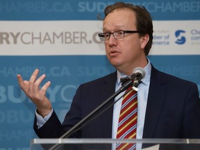 Greater Sudbury Mayor Paul Lefebvre speaks to the business community at his first State of the City address at a Greater Sudbury Chamber of Commerce luncheon in Sudbury, Ont. on Wednesday April 26, 2023.