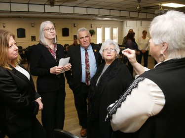 Barbara Nott, right, co-chair of the city’s older adults advisory panel, makes a point as Sudbury MP Viviane Lapointe, left; Patty Hajdu, minister of Indigenous services; Nickel Belt MP Marc Serre; and Mary Michasiw, of the advisory panel, look on during a visit to Lockerby Legion Branch 564 on April 3. Hajdu visited the legion to highlight the new grocery rebate announced in the 2023 federal budget.