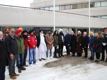 The Nishan Sahib Sikh flag was raised at a ceremony marking Sikh Heritage Month at Tom Davies Square in Sudbury, Ont. on Monday April 3, 2023. John Lappa/Sudbury Star/Postmedia Network