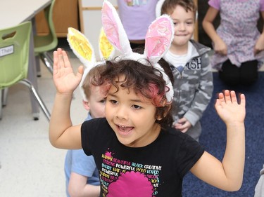 Penny Ritch, 5, of Churchill Public School, reacts to seeing the Easter Bunny at the school in Sudbury, Ont. on Thursday April 6, 2023. The Easter Bunny and Ward 11 Councillor Bill Leduc visited a number of schools and senior residences, including Churchill, Pius XII Catholic Elementary School, Ecole St-Pierre, Westmount Retirement Residence, Extendicare Falconbridge and Finlandia Village. About 750 Easter treats were handed out to students and seniors on Thursday. The visits were made possible thanks to the Minnow Lake Community Action Network and Leduc. The Easter Bunny will visit Birkdale Village and Carmichael townhouses Saturday. John Lappa/Sudbury Star/Postmedia Network