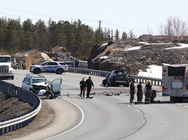 Police and fire services responded to a crash on Big Nickel Mine Drive in Sudbury, Ont. on Wednesday April 12, 2023. The road was closed in both directions. John Lappa/Sudbury Star/Postmedia Network
