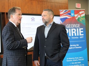 Timmins MPP George Pirie chats on Friday with Brian Marks, chief administration officer at Cochrane District Social Services Administration Board, following his announcement of $11.6 million over three years from the provincial government for homelessness prevention. The funds will support CDSSAB's ambitious goal of ending homelessness in the district by 2025.

NICOLE STOFFMAN/The Daily Press