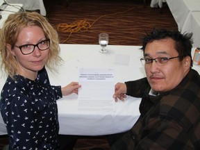 Michel Koostachin, founder of Friends of the Attawapiskat River, and Kerrie Blaise, the North Bay-based legal counsel for the grassroots organization, are seen here at the Ramada Inn in Timmins on Tuesday afternoon where group members met the day prior to their scheduled presentation to a provincial standing committee holding a series of hearings on Bill 71, dubbed the "Building More Mines Act."

RON GRECH/The Daily Press