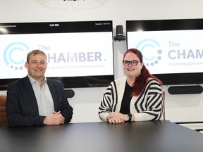 Timmins Chamber president Dan Ayotte and Keitha Robson, chief administrative officer, sit in the Chamber's new boardroom. The Chamber's new office at 1 Pine St. N puts them right in the heart of the city's downtown core. The move was a major highlight of 2022, said Ayotte.

NICOLE STOFFMAN/The Daily Press