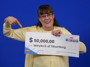 Maryke Den Otter of Tillsonburg won a $50,000 prize on an Instant Bingo Doubler ticket she purchased at D.N.T. Variety on Broadway Street recently. OLG PHOTO