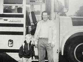 This photo, taken in the 1980s, shows school bus driver Arnie Goble, with his grandson, in front of his bus.  The Hartford School Reunion is seeking Norfolk's Arnie Goble 'bus buddies' to join their May 6, 2023 event.  SUBMITTED