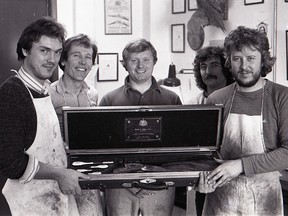 Frank E. Malin & Son of Melbourne handcrafted a custom sidelock 16-gauge shotgun as a wedding gift for Prince Charles and Lady Diana. Left to right are Peter Cook, engraver; Anthony Tomlinson, action filer; Frank Malin, master gunmaker; David Catchpole, stock maker; and Ron Collings, engraver.

Museum Strathroy-Caradoc