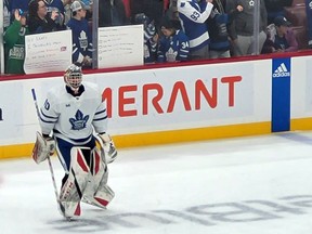 Nick Chenard takes part in warm-ups ahead of his first National Hockey League game with the Toronto Maple Leafs inside the FLA Live Arena in Sunrise, Florida. Chenard signed an amateur tryout contract with the Maple Leafs and filled in as a backup goaltender for the team's game against the Florida Panthers on Monday, April 10, 2023. Photo submitted.