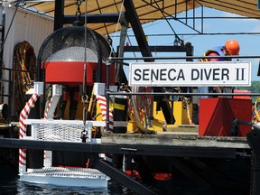 The diving bell on Seneca College's barge anchored in Colpoy's Bay near Wiarton. For decades, student divers have come to Wiarton for deep-dive training as part of the underwater skills program. Earlier this year, the college decided to close the program earlier. Doug Elsey/CADC