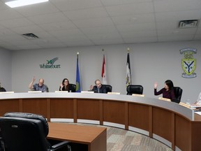 Councillors (l-r) Braden Lanctot, Derek Schlosser, Serena Lapointe, Mayor Tom Pickard and Tara Barker approved the 2023 budget, with Coun. Paul Chauvet opposed.