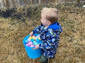 Marcus Stanchfield went on the hunt for Easter eggs. Whitecourt’s Relay for Life committee is running “Egg My House,” allowing families to get a batch of candy-filled eggs delivered to their yards.