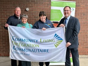 Community Living Chatham-Kent's executive director Ron Coristine, left, Stephanie Chavingny and Terri Bell and Mayor Darrin Canniff mark the beginning of Community Living month. (Supplied)