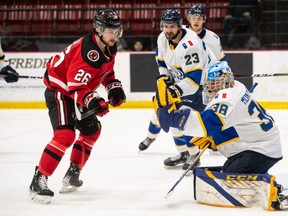 University of New Brunswick Reds centreman Camaryn Baber heads to the net in U Sports men’s hockey action. The Sault resident won his first University Cup after a 3-0 win over the University of Alberta back in mid-March.
