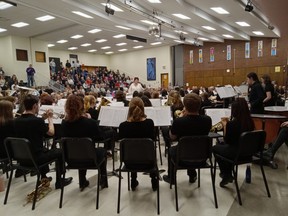 Under the direction of director Kerrie Lynn Boys, the twice delayed holiday concert featuring Saugeen District Senior School bands offered a wide range of music – Big Band, 50s rock Motown and more – May 3 to a standing room only crowd, The Port Elgin Community Band was the special guest at the concert at the Port Elgin school.