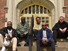 The Multicultural Association of Perth Huron is looking to help locals with family members who have fled the ongoing violence in Sudan immigrate to the Stratford area after the Government of Canada recently waived temporary residence fees for family members of Canadians who have fled Sudan.  Pictured from left are Sudanese-born association volunteers Amar Ahmed and Charles Gak, multicultural association executive director Geza Wordofa, Michael Benti, the association's Huron-Perth resettlement manager, and Ukrainian volunteer Roman Kotvytskyi.  Galen Simmons/The Beacon Herald/Postmedia Network