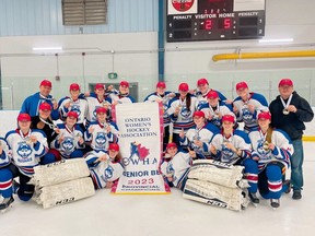 The Durham Lady Huskies won the 2023 OWHA Provincial Senior BB Championship. Team members include, back left, coach Paul Nixon, Hailie Tanner, Dale Lewis, Natalie Nixon, Brooklyn Irwin, Emily Martz, Kate Gilkinson, Randi Aldcorn, Meredith Goldhawk and coach Mark Franks. Second row left are Hailey Hoskins, Natalie Franks, Kristen Nixon, Kaitlyn Hanson, Kaley Tienhaara, Nicole Gibbons, Jetta Derenoski and Ashlee Lawrence. Front left are Miranda Campbell and Micaela Stutzki.
