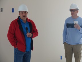 Mayor Andrew Poirier and Kenora-Rainy River MPP Greg Rickford inside of the housing build at 10 Matheson St on May 3.