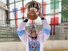 Samuel Frappier celebrated a highlight in his young hockey career late last month as the 12-year-old Hanmer native won the World Selects Trophy tournament in Bolzano, Italy
