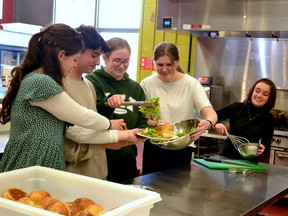 The Stratford District Secondary School culinary club will host its year-end fundraiser meal, A Celebration of Spring, at The Screaming Avocado, the school's restaurant, from 5-7 p.m. May 15 with takeout beginning at 4:45 p.m. Pictured from left are club members Estella Kouwenberg, Andoni Sanz, Grace Knechtel, Payton Milford and Jade Adcroft in The Screaming Avocado kitchen. Galen Simmons/The Beacon Herald/Postmedia Network