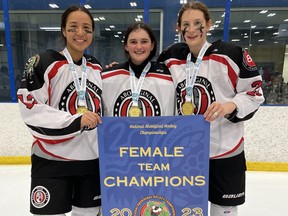 Sudbury-area standouts Sequoia Nebenionquit, Zoe Rienguette and Laryssa Mayer won gold with Team Ontario at the 2023 National Aboriginal Hockey Championships.