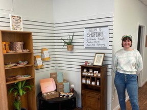 Entrepreneur Jamie Miller stands in the temporary location of her business, Shop Dire, which is set up in the storefront next to The Hub in Ripley until the end of June thanks to the Homestead program. Submitted photo.