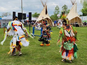 Traditional dancers are shown Saturday during the spring powwow at Walpole Island First Nation. (Trevor Terfloth/The Daily News)