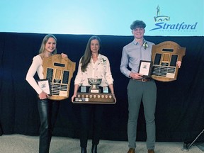 Jensen Pohl, the girl athlete of the year, Deborah Franke, the sportsperson of the year, and Ryan Middegaal, the boy athlete of the year, showing off their hardware at the recent Stratford Minor Sports Council awards banquet. (Submitted photo)