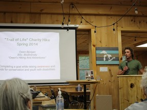 Owen Bjorgan, owner-operator of Owen’s Hiking and Adventures, an eco-tour company in Niagara-on-the-Lake, presents at the Huron Fringe Field Naturalists dinner held May 16. Photo by Christine Roberts