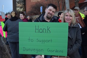 Brad Friesen stands with his wife Terri Friesen at a “Support Dunvegan Gardens” rally outside of the Jubilee Centre on Thursday, Feb. 16, 2017. Cullen Bird/Fort McMurray Today/Postmedia Network