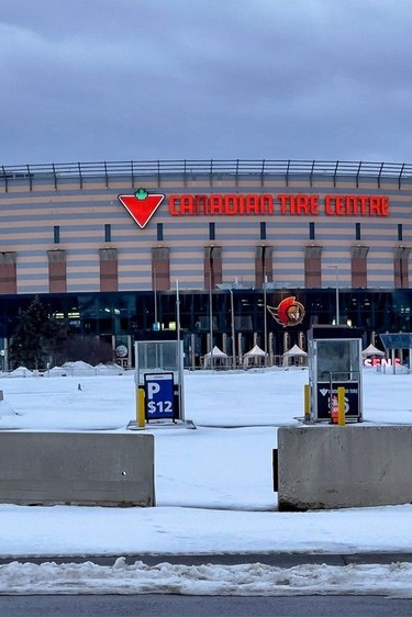 OTTAWA -- The parking lot entrances at the Canadian Tire Centre have been blocked with concrete barriers. Thursday, Feb. 10, 2022 -- . ERROL MCGIHON, Postmedia