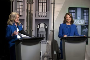 Alberta NDP leader Rachel Notley and UCP leader Danielle Smith prepare for their debate at CTV Edmonton, Thursday May 18, 2023. Photo by David Bloom