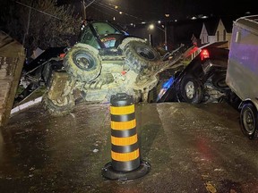 A 28-year-old St. Thomas resident is facing charges after a vehicle went around a road closure sign and careened into a 3.6-metre-deep hole at a construction site on Sunset Drive Tuesday. (Supplied/St. Thomas police)