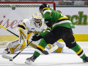 Sean McGurn of the London Knights gets in alone on Sarnia Sting goalie Ben Gaudreau but goes to his back-hand and misses wide in Game 5 of the OHL's Western Conference final at Budweiser Gardens in London, Ont., on Friday, May 5, 2023. Mike Hensen/The London Free Press/Postmedia Network