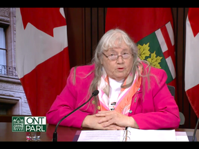 Screen shot of Brenda Scott, co-chair of the Chesley Hospital Community Support group, during a news conference at Queen's Park on Thursday, May 18, 2023 in Toronto.