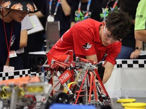 A member of Father Mercredi High School's robotics team competes during the VEX Robotics World Championships in Dallas between April 25 and 27, 2023. Image supplied by Megan McKenny of the Fort McMurray Catholic School Division