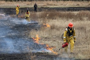 Firefighters with the Fort McMurray Fire Department conduct a controlled burn near Highway 63 on April 27, 2023. The controlled burns are part of the RMWB’s FireSmart program, which is designed to fight and prevent fires and wildfires in the region. Vincent McDermott/Fort McMurray Today/Postmedia Network