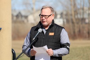 Tim Gondek of Energy Safety Canda speaks at ceremonies for the National Day of Mourning at J. Howard Pew Park on April 28, 2023. Vincent McDermott/Fort McMurray Today/Postmedia Network